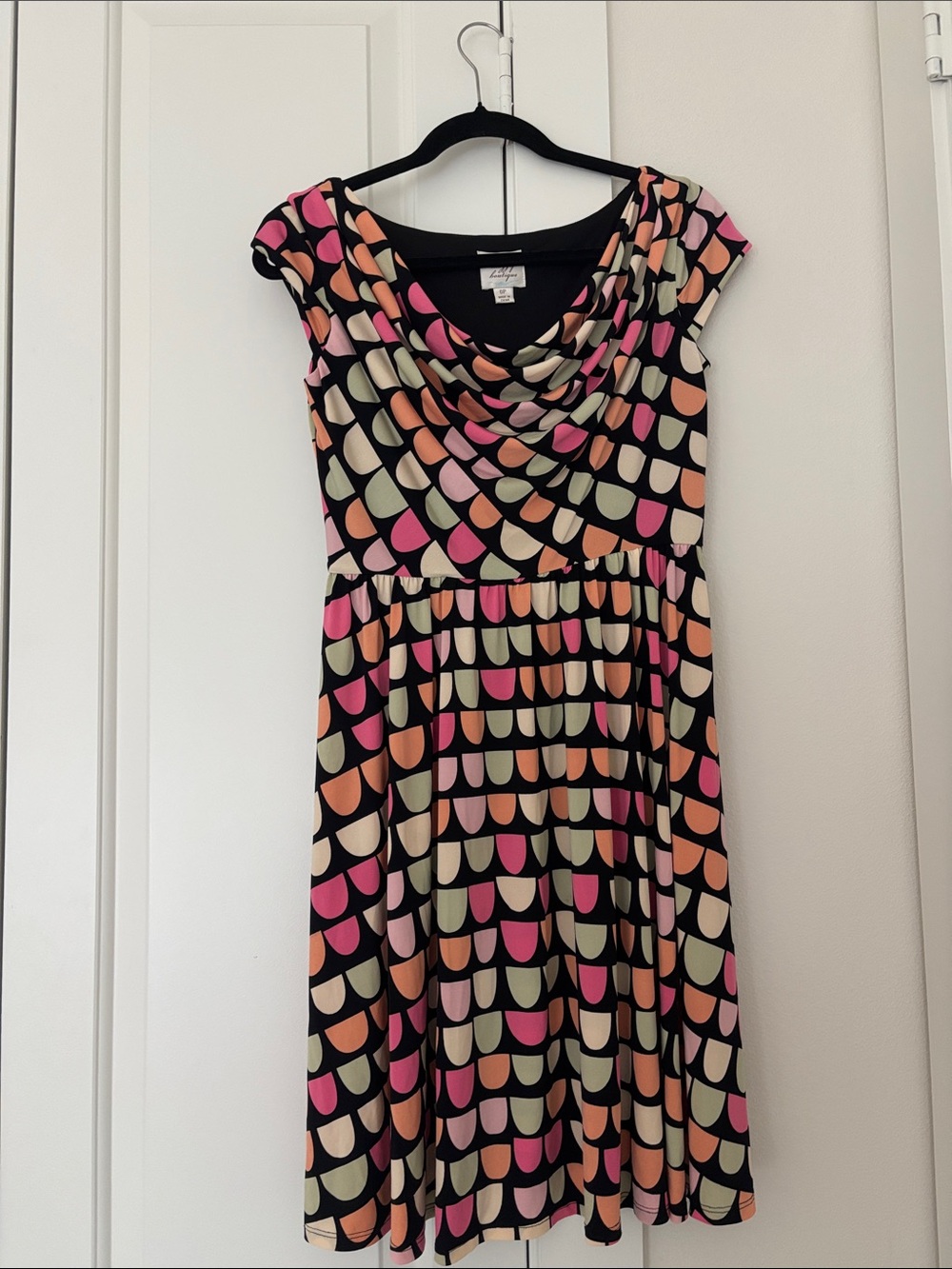 Suzi Chin for Maggy Boutique Black Dress with Pink, Peach & Cream Scallop Print